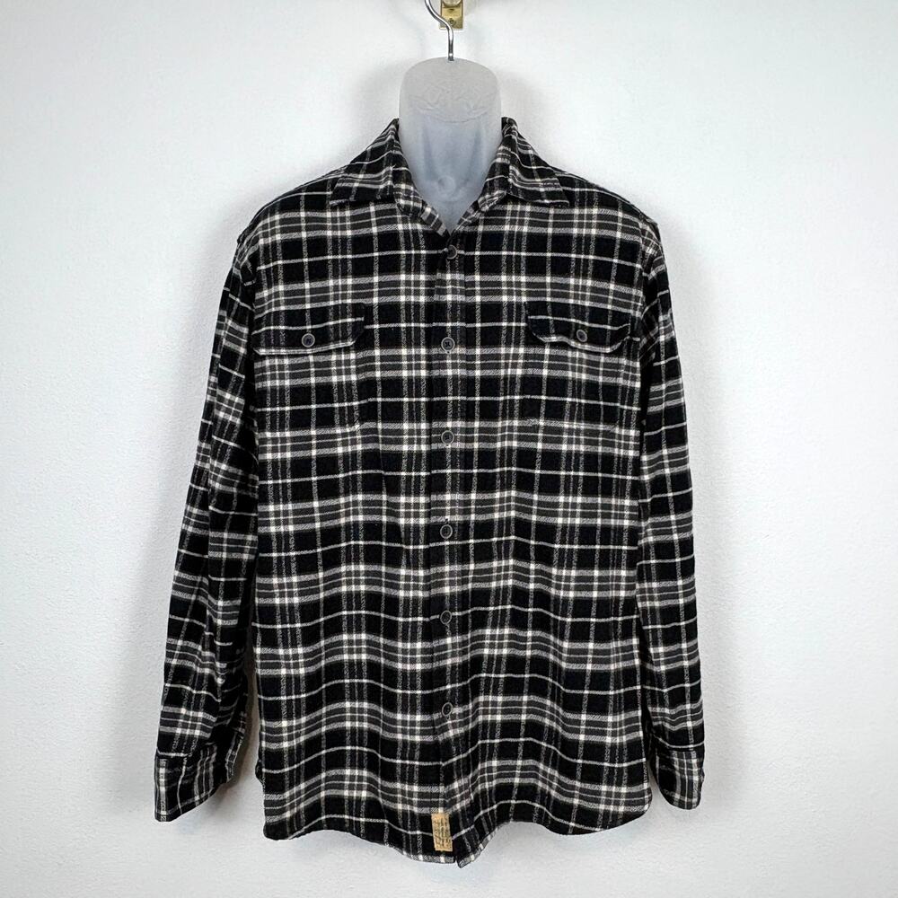 JACHS Flap Pocket Button Front Flannel Shirt in Black White Plaid Check Men's L